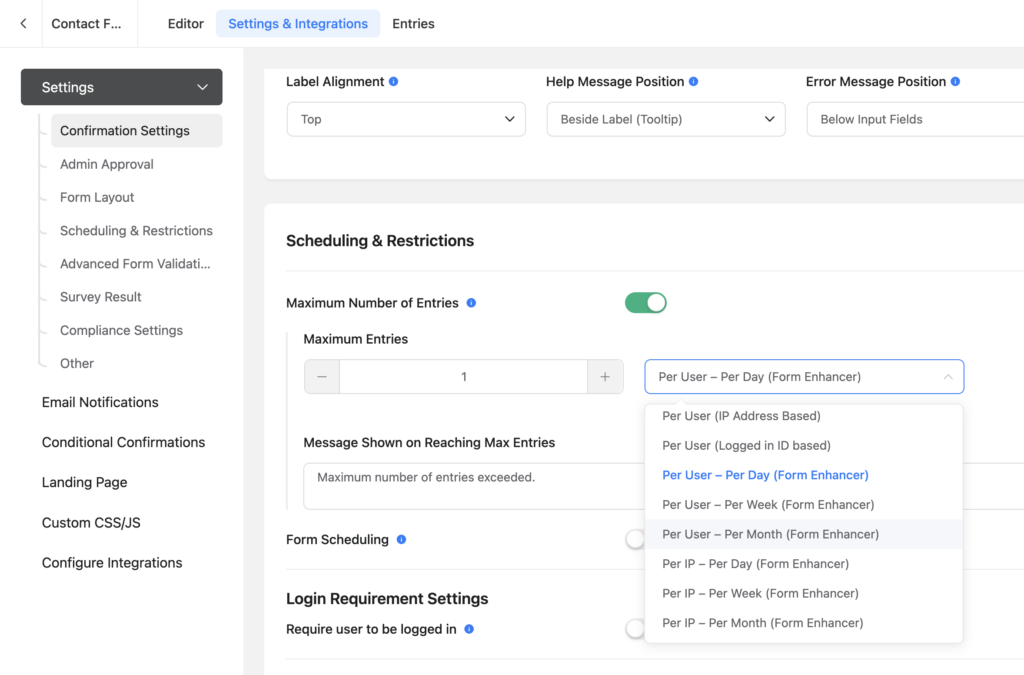 A web interface shows scheduling and restriction settings for form entries, including options for maximum entries and a Per-User Entry Limits drop-down menu with time-based frequency controls.