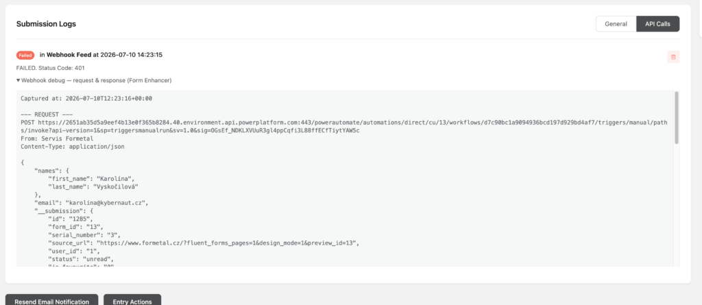 Webhook debug section added by Form Enhancer showing the full request and response of a failed webhook