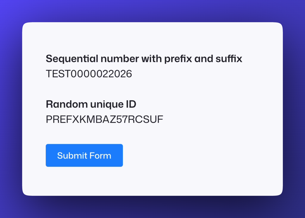 A white box displays a sequential number and a random unique ID above a blue Submit Form button, all set on a purple gradient background.